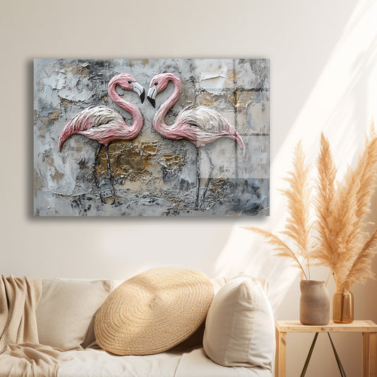 Kabartma Flamingo İkilisi cam tablo — iç mekân uygulama örneği