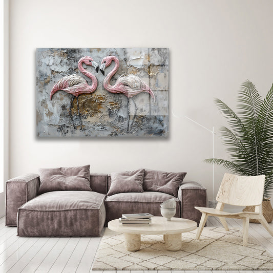 Kabartma Flamingo İkilisi cam tablo — farklı açıdan görünüm