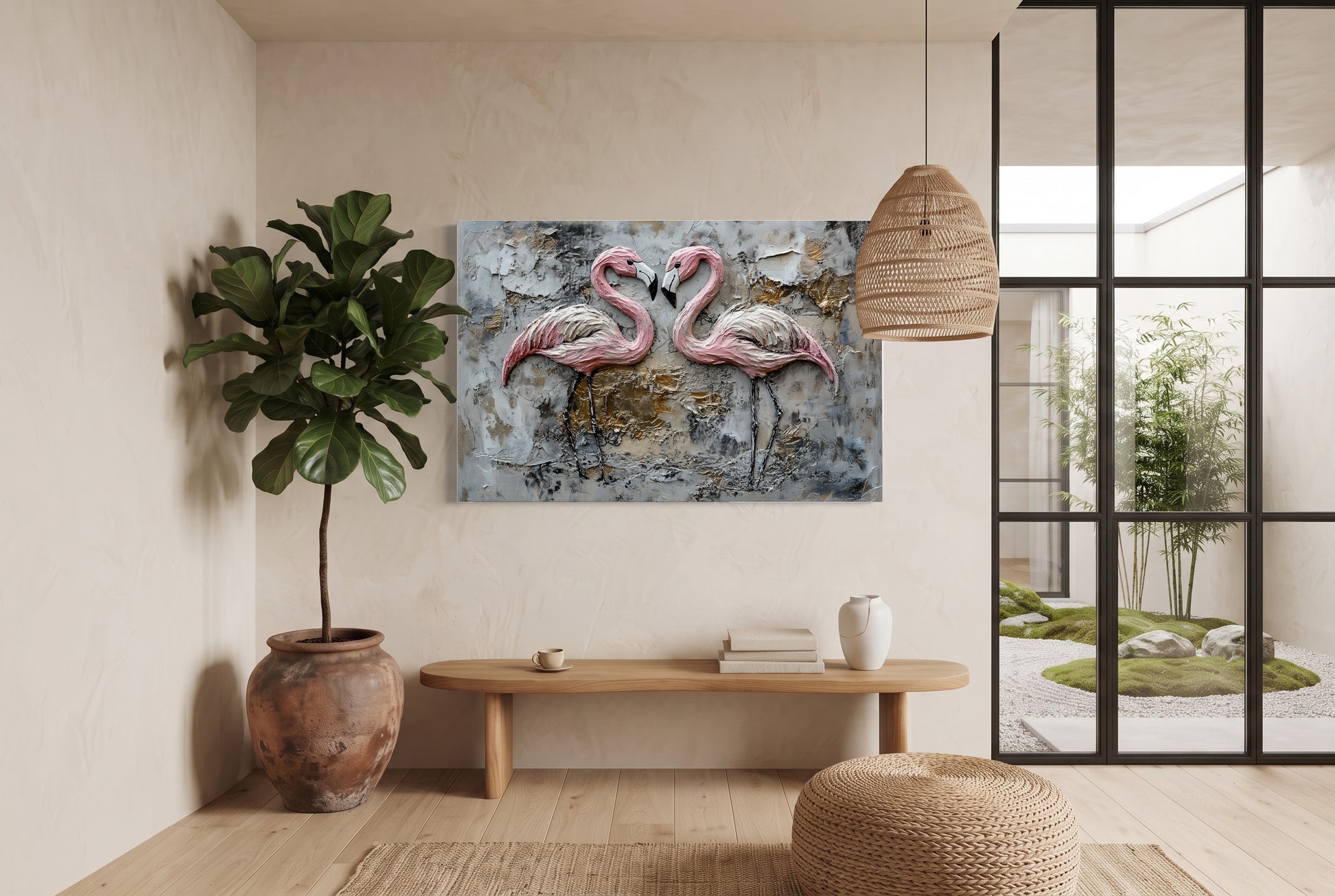 Kabartma Flamingo İkilisi kanvas tablo — duvarda dekorasyon görünümü