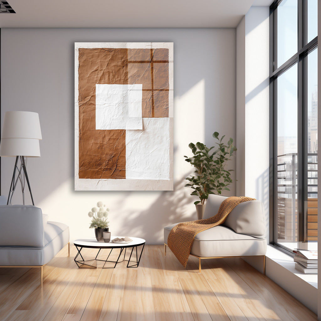 Kahve Beyaz Geometrik Kolaj cam tablo — farklı açıdan görünüm