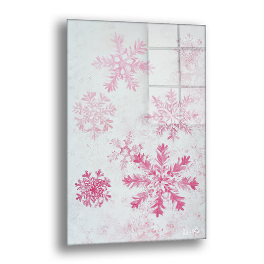 Kar Taneleri cam tablo — açık bir fonda pembe kar tanelerini grafik bir zarafetle dağıtıyor.