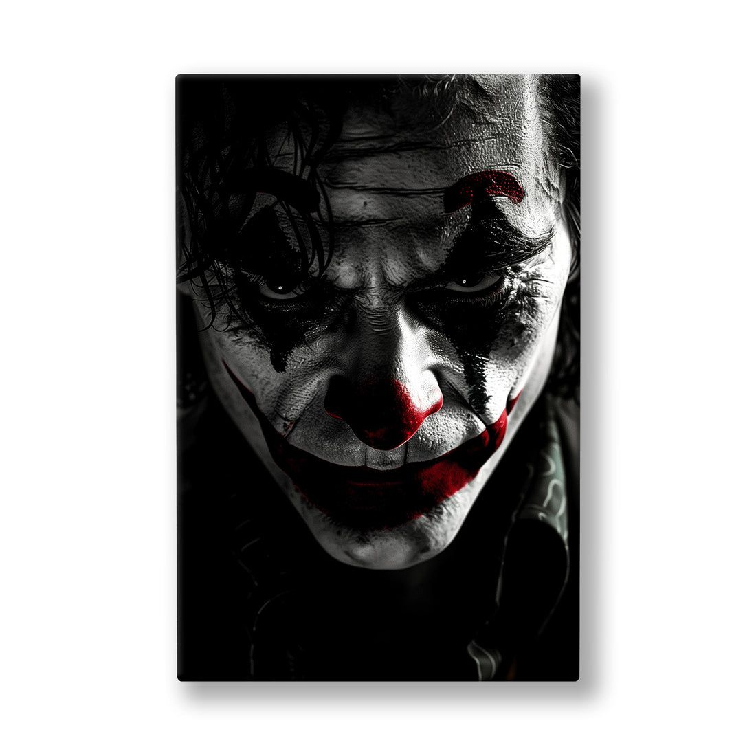 Karanlık Joker kanvas tablo — Siyah beyaz bir yüzde sadece dudaklar kan kırmızısıyla ayrılıyor.