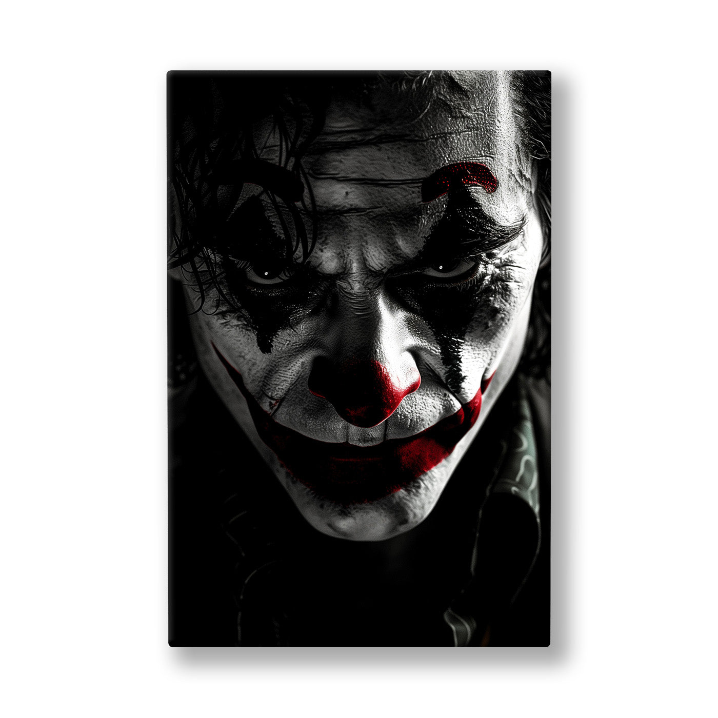 Karanlık Joker kanvas tablo — Siyah beyaz bir yüzde sadece dudaklar kan kırmızısıyla ayrılıyor.
