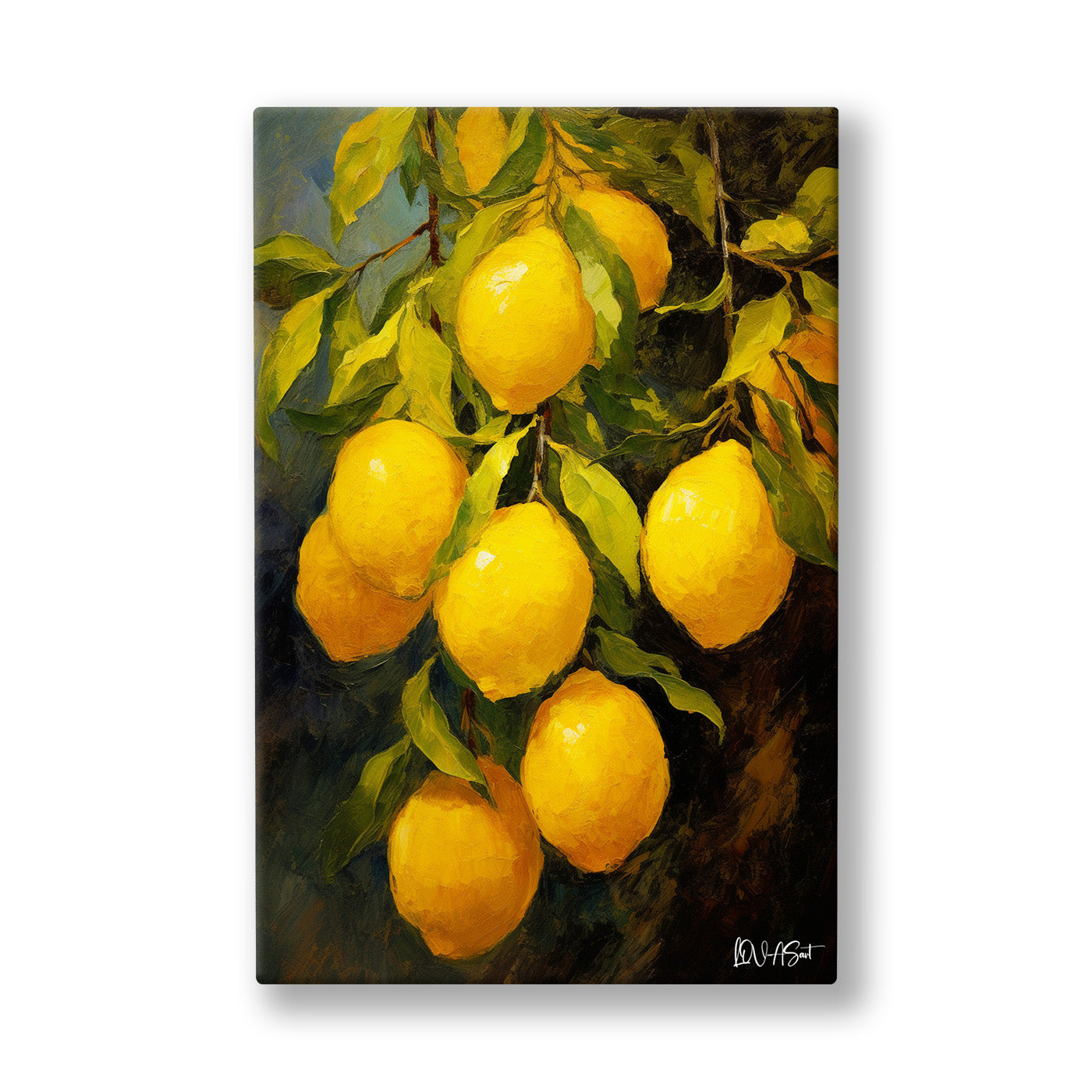 Karanlıkta Limonlar kanvas tablo — Koyu yeşil yaprakların arasında bal sarısı limonlar salkım salkım sarkıyor.