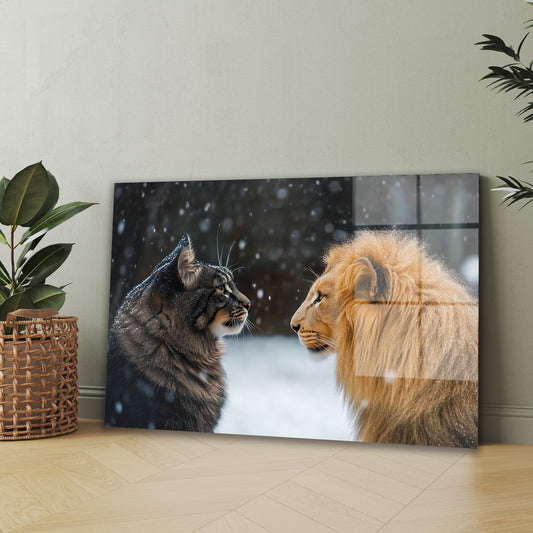 Karda Kedi ve Aslan cam tablo — iç mekân uygulama örneği