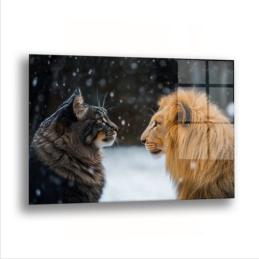 Karda Kedi ve Aslan cam tablo — Kar yağarken bir kedi ile bir aslan yüz yüze durmuş.
