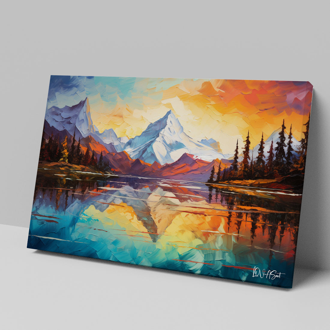 Karlı Dağ Gölü 4 kanvas tablo — duvarda dekorasyon görünümü