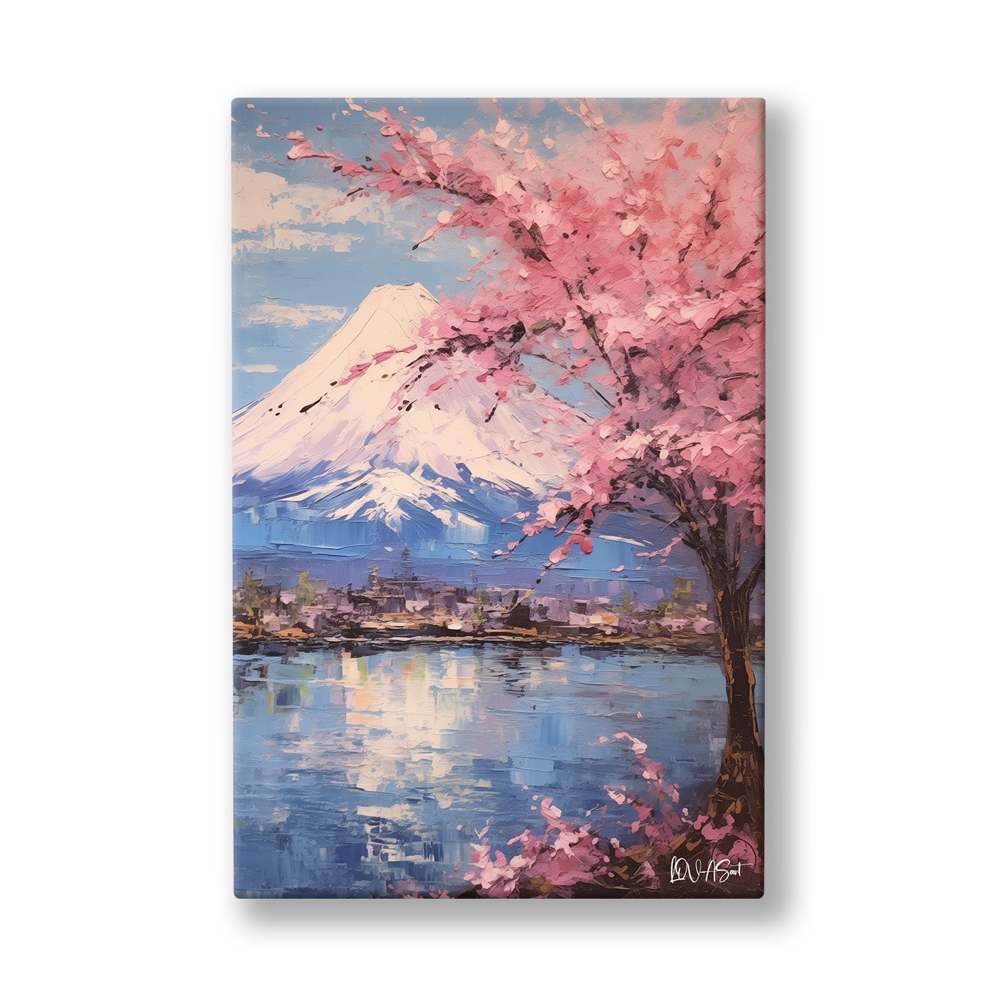 Karlı Dağ ve Sakura kanvas tablo — Pembe sakura perdesinin ardında karlı dağ ve göl usulca uyanıyor.