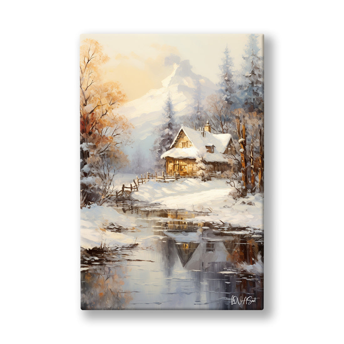 Karlı Köy Evi kanvas tablo — Bacasından duman tüten kır evinin donmuş göldeki krem rengi yansıması.