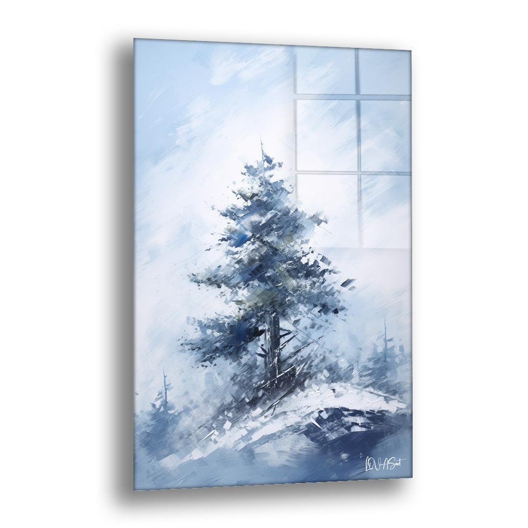 Karlı Mavi Çam cam tablo — yağan karın ve hızlı fırça darbelerinin arasında yükselen mavi tonlu tek bir çamı anlatan dingin b