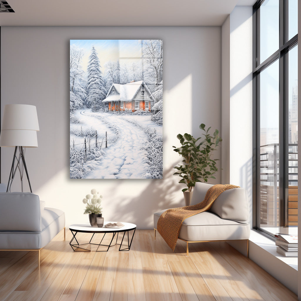 Karlı Orman Evi 3 cam tablo — farklı açıdan görünüm