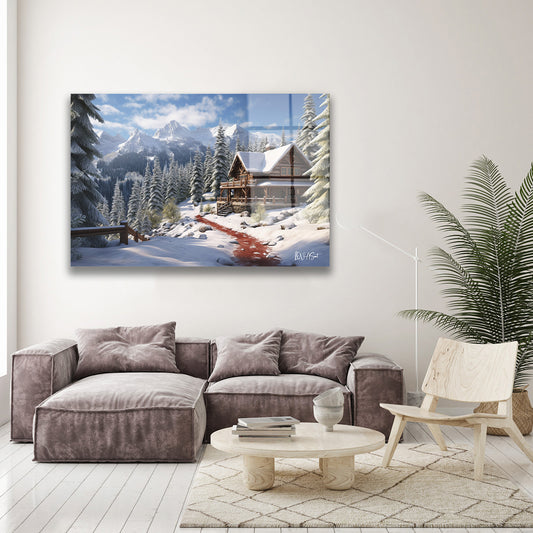 Karlı Orman Evi 6 cam tablo — duvarda dekorasyon görünümü