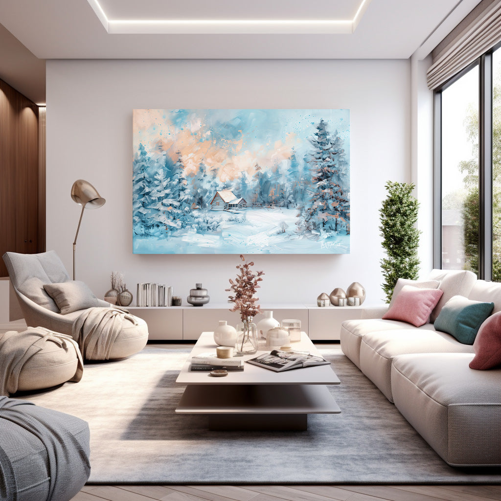 Karlı Orman Evi kanvas tablo — farklı açıdan görünüm