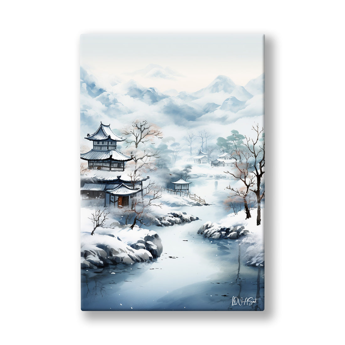 Karlı Pagoda Manzarası kanvas tablo — Sisli dağların eteğinde karlı dereye bakan geleneksel pagoda çatısı.