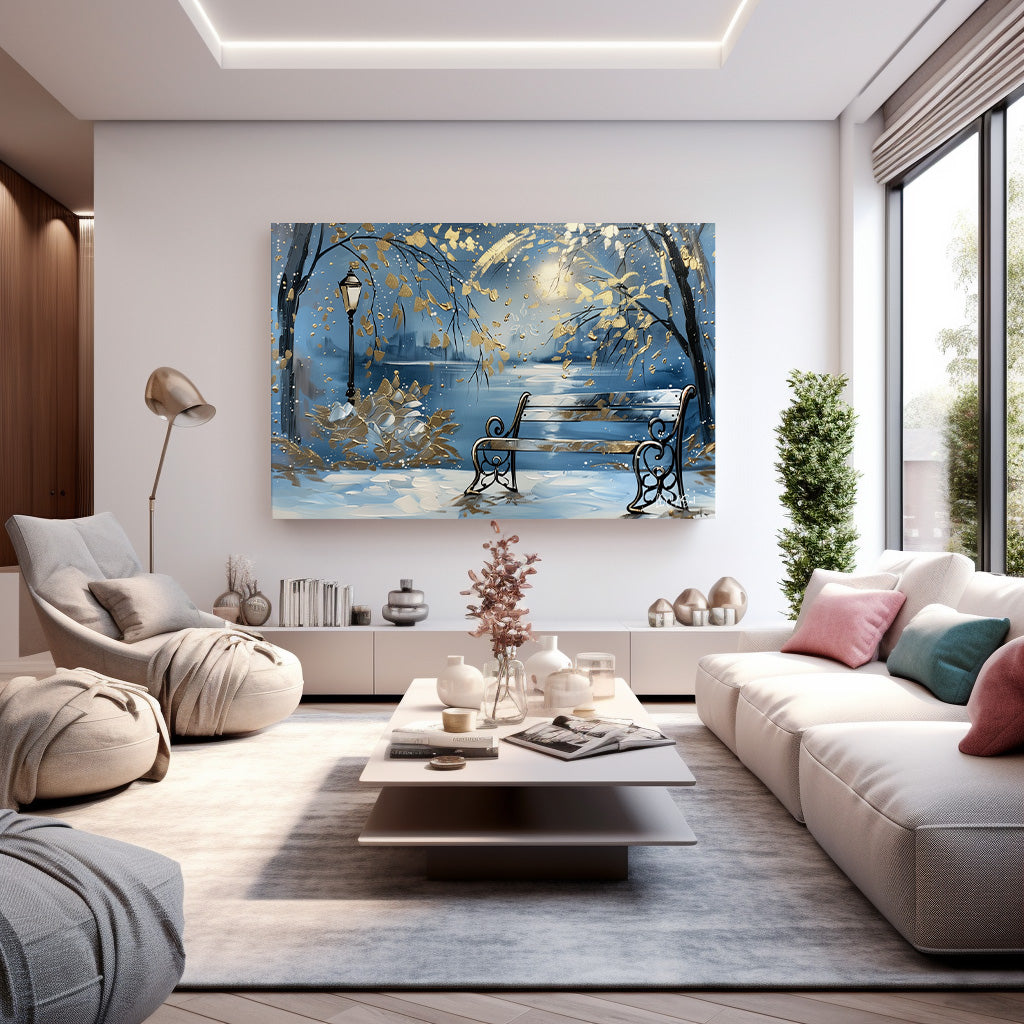 Karlı Park Bankı kanvas tablo — farklı açıdan görünüm
