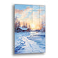 Karlı Patika cam tablo — gün batımının pembe ve altın ışığında karla kaplı bir yolun ucundaki küçük evi anlatan sakin bir kış