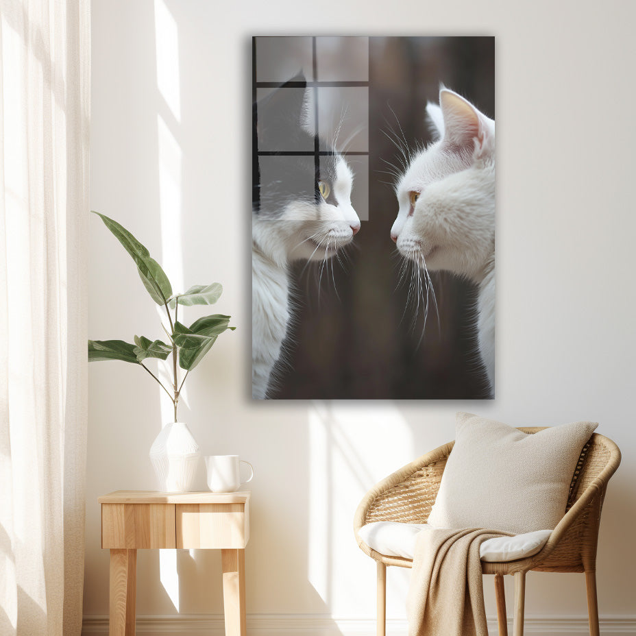 Karşılıklı İki Kedi cam tablo — duvarda dekorasyon görünümü
