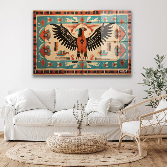 Kartal Desenli Kilim cam tablo — duvarda dekorasyon görünümü