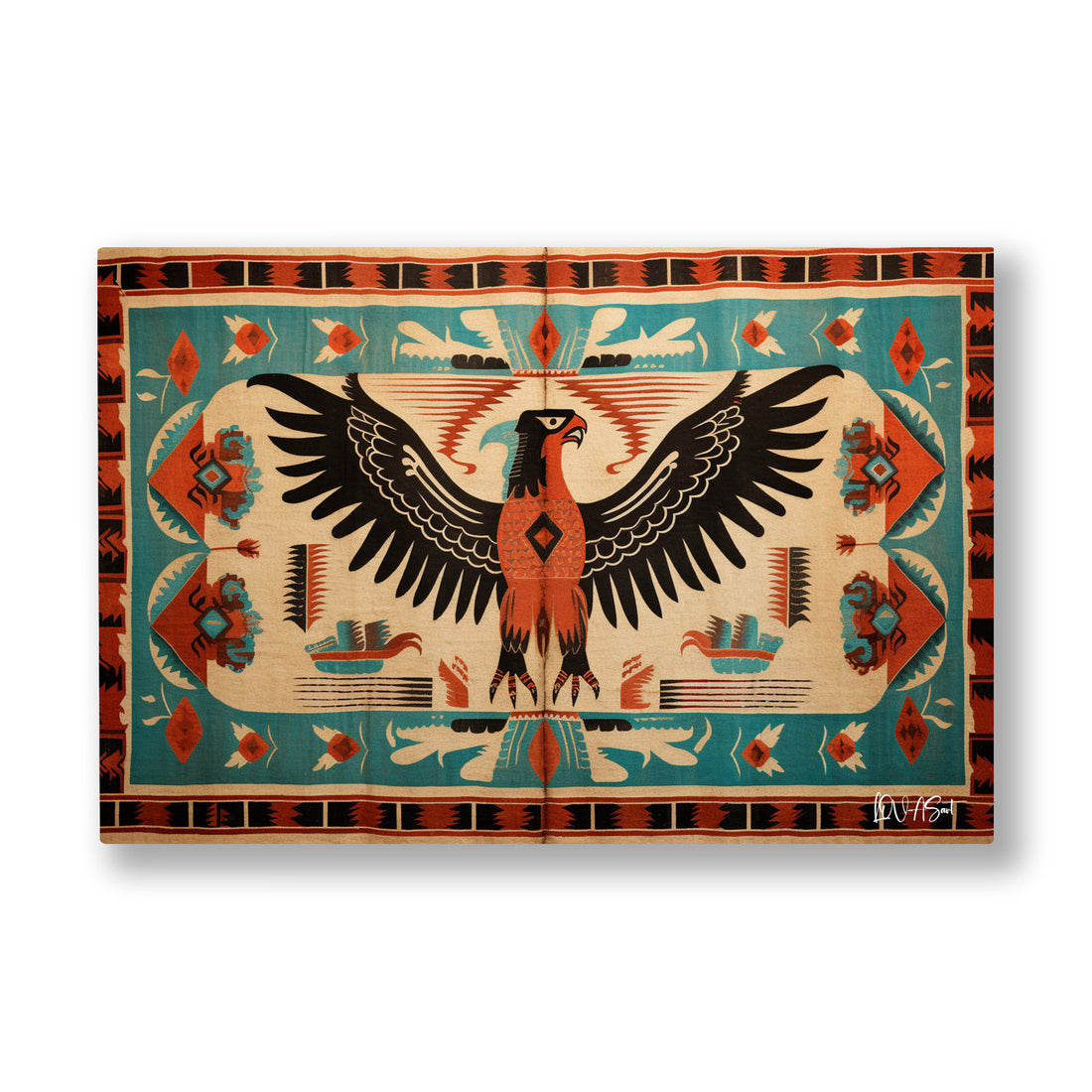 Kartal Desenli Kilim kanvas tablo — Turkuaz kilim zemininde kanatlarını açmış geleneksel çift başlı kartal.