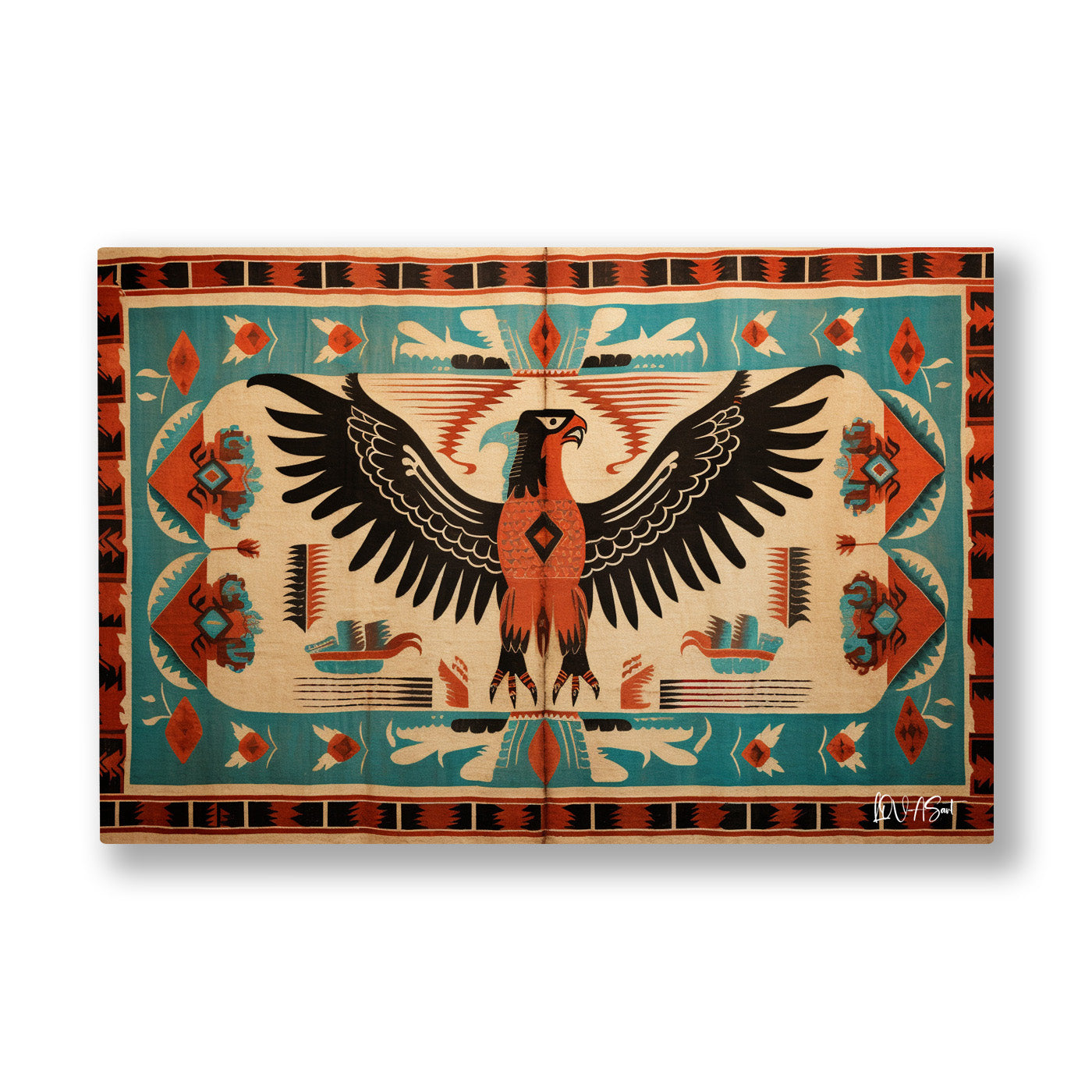 Kartal Desenli Kilim kanvas tablo — Turkuaz kilim zemininde kanatlarını açmış geleneksel çift başlı kartal.