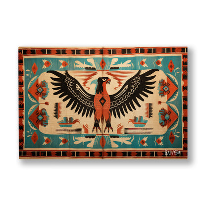 Kartal Desenli Kilim kanvas tablo — Turkuaz kilim zemininde kanatlarını açmış geleneksel çift başlı kartal.