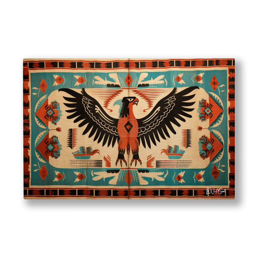 Kartal Desenli Kilim kanvas tablo — Turkuaz kilim zemininde kanatlarını açmış geleneksel çift başlı kartal.