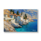 Kayalık Yamaç Evleri kanvas tablo — Kayalık yamaca dağılmış beyaz evler ve serviler, turkuaz koya bakıyor.