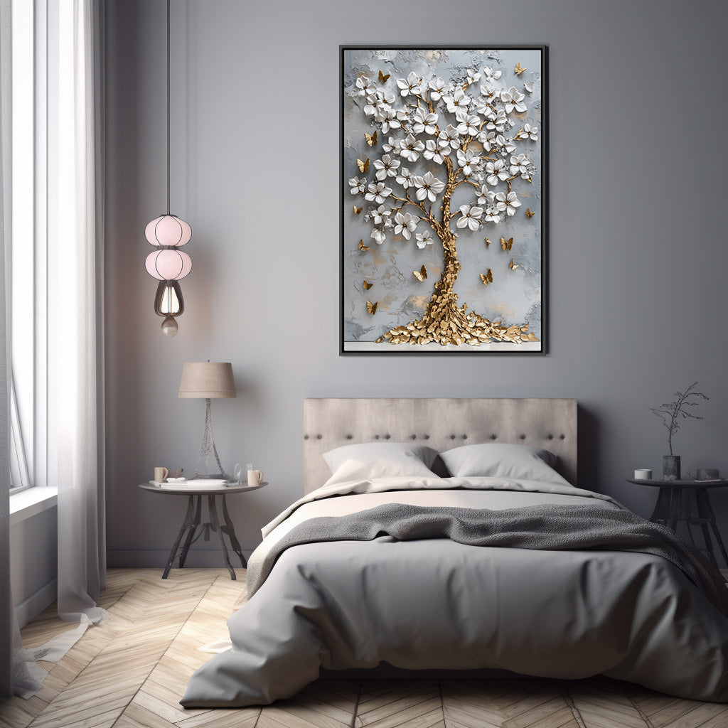 Kelebekli Ağaç - Kalın Metal Çerçeveli Kanvas Tablo