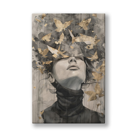 Kelebekli Baş kanvas tablo — Başını geriye atmış kadının saçlarından yüzlerce kelebek havalanıyor.