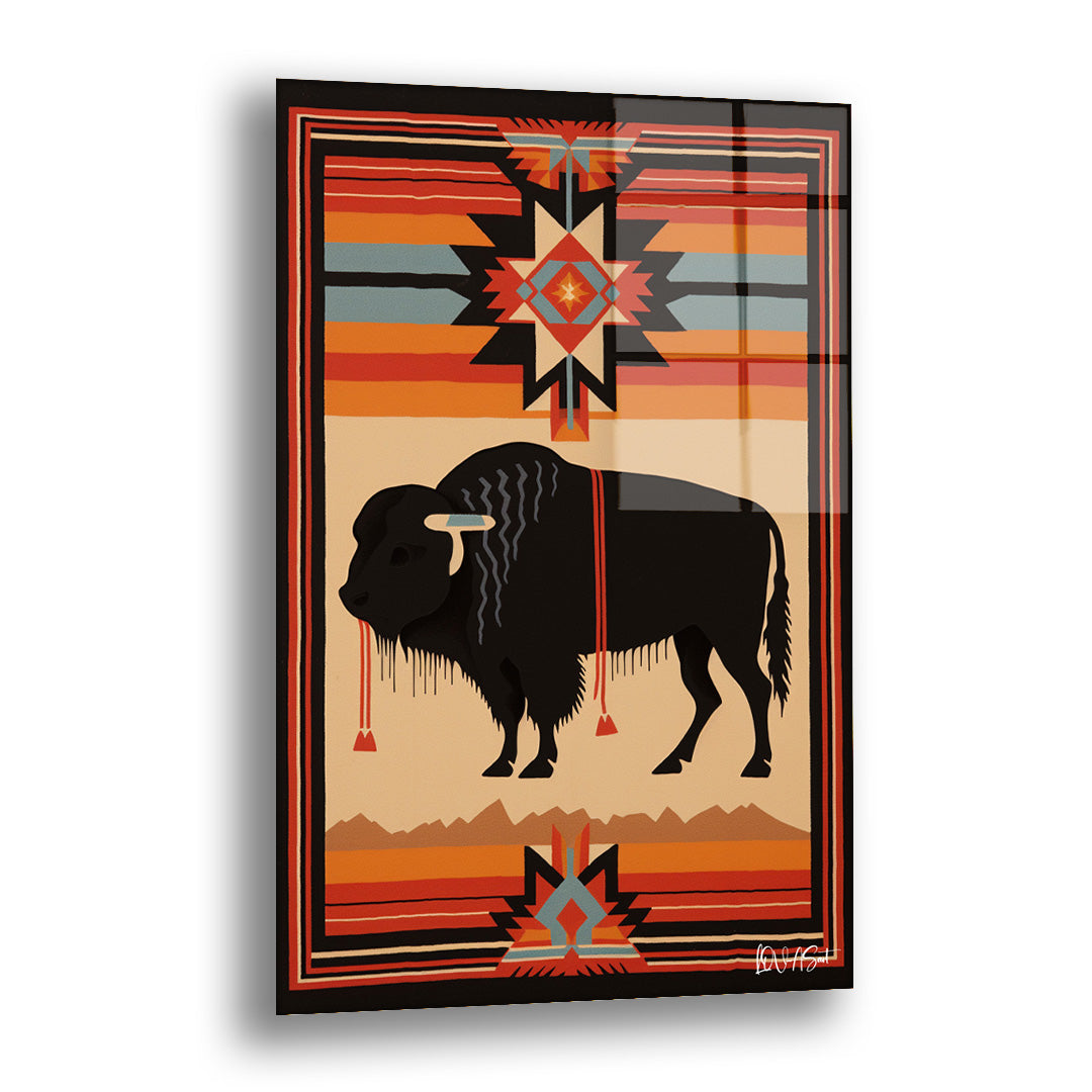 Kilim Üzerinde Bizon cam tablo — geometrik bir kilim örgüsünün içine yerleştirilmiş siyah bir bizonla Anadolu ve Amerikan yer