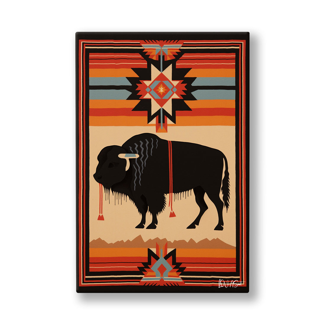 Kilim Üzerinde Bizon kanvas tablo — Kilim desenli zeminin tam ortasında siyah bir bizon silueti duruyor.
