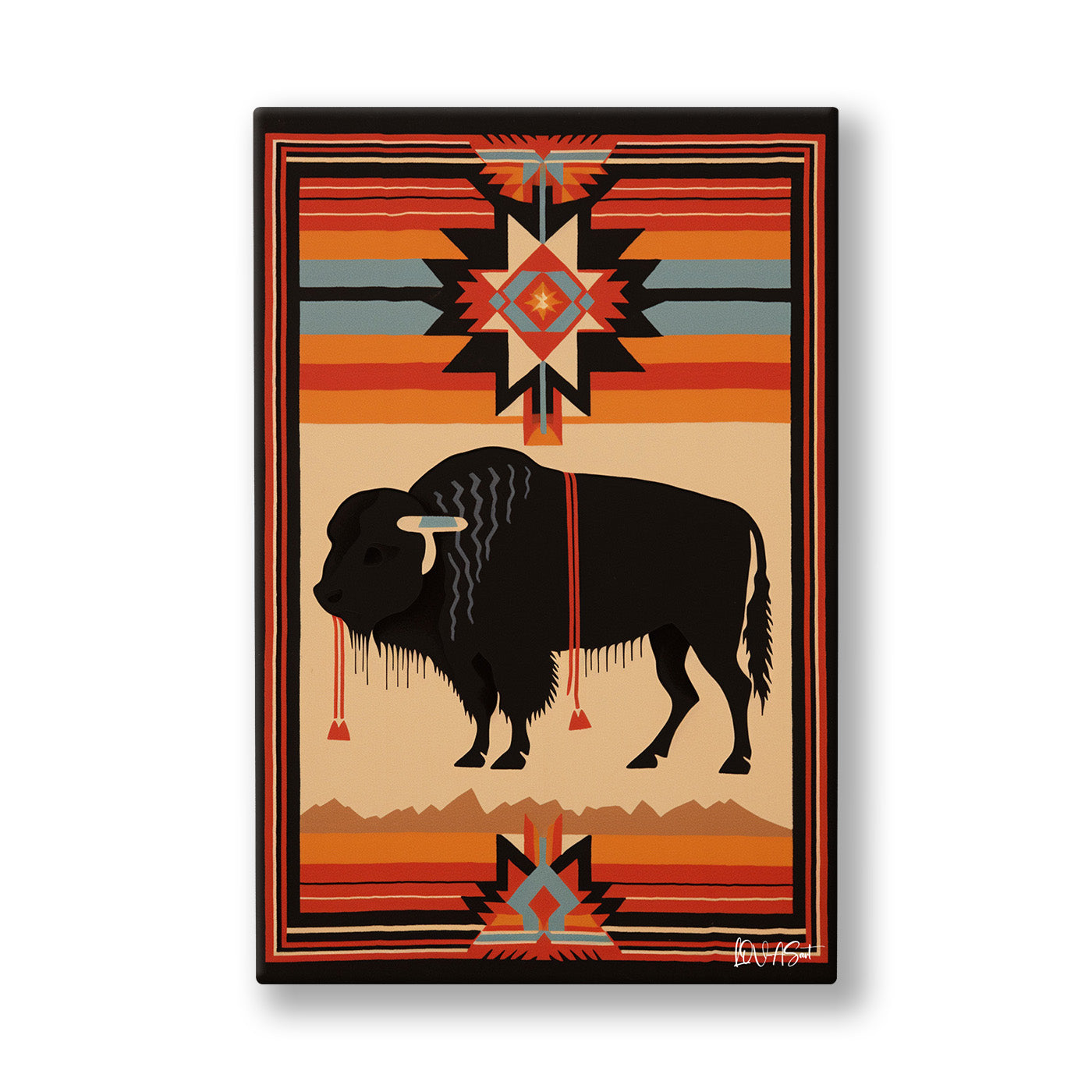 Kilim Üzerinde Bizon kanvas tablo — Kilim desenli zeminin tam ortasında siyah bir bizon silueti duruyor.