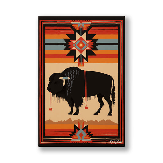 Kilim Üzerinde Bizon kanvas tablo — Kilim desenli zeminin tam ortasında siyah bir bizon silueti duruyor.