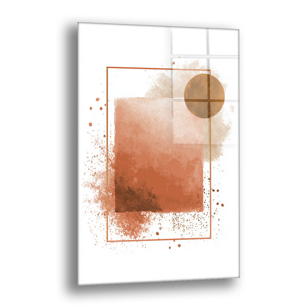 Kiremit Kare cam tablo — beyaz bir zeminde ince kiremit çerçeve içine alınmış pastel degrade bir kare ve küçük bir güneş dair