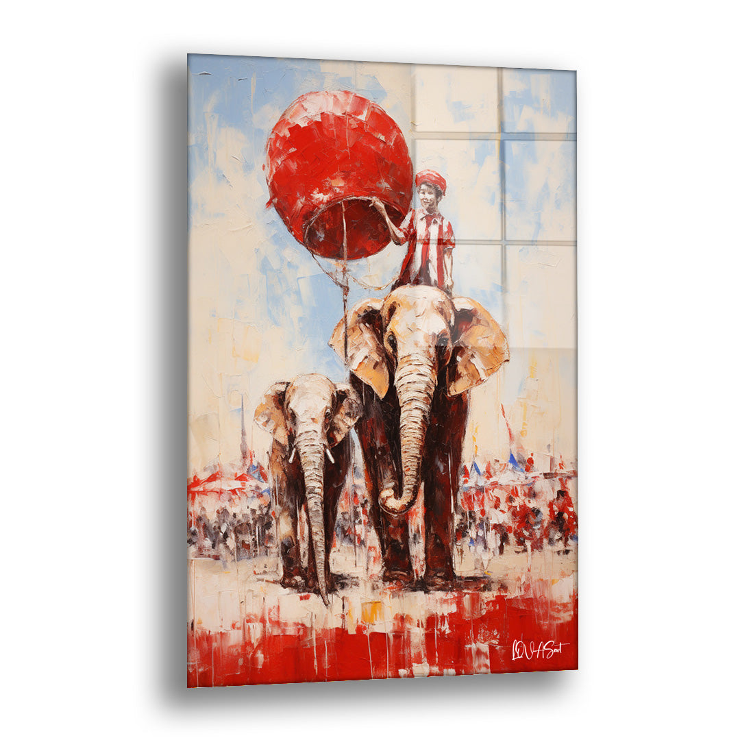 Kırmızı Balonlu Filler cam tablo — kırmızı balon tutan bir çocuğu filleriyle birlikte neşeli bir festival sahnesine taşır.