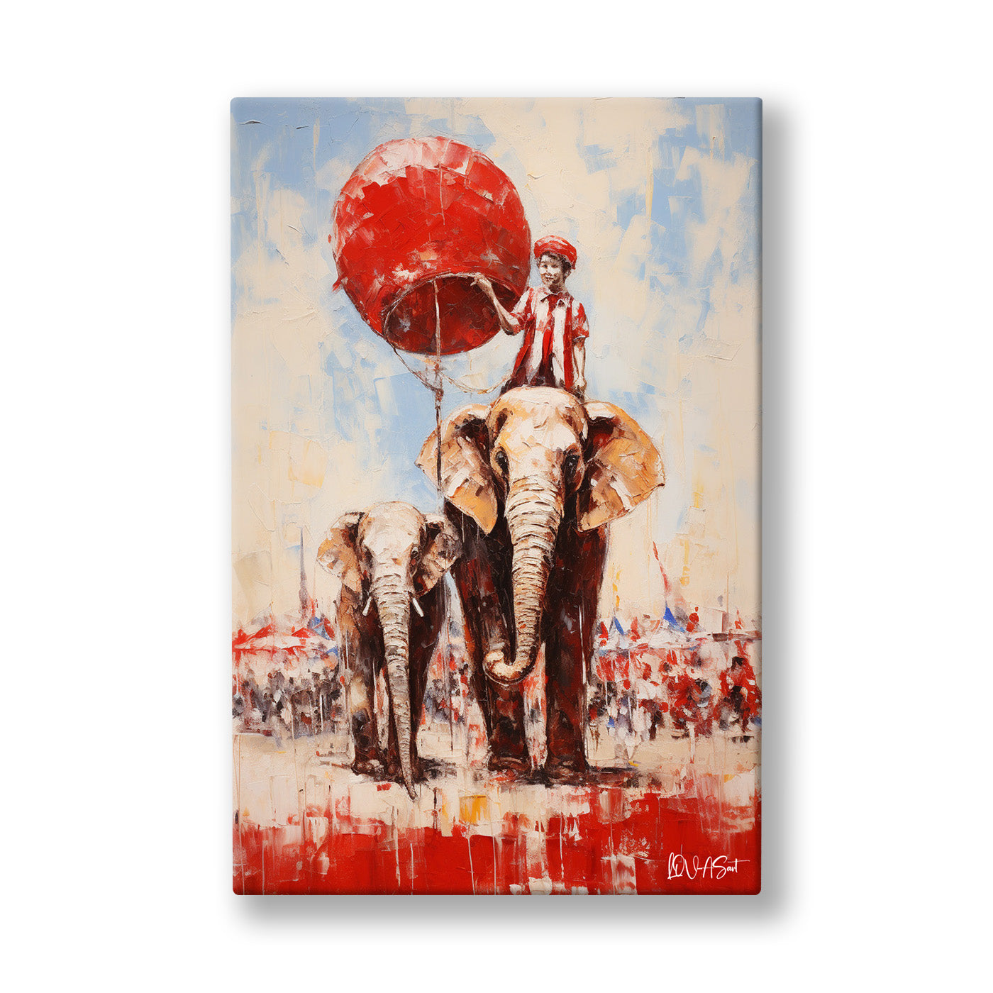 Kırmızı Balonlu Filler kanvas tablo — Kırmızı balonu tutan küçük figürleri sırtında taşıyan iki fil yürüyor.