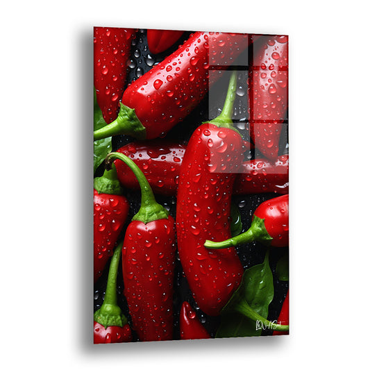Kırmızı Biberler 2 cam tablo — su damlalarıyla kaplı parlak kırmızı biberleri yakın plan fotoğraf canlılığında sunar.