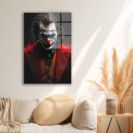 Kırmızı Ceketli Joker cam tablo — duvarda dekorasyon görünümü
