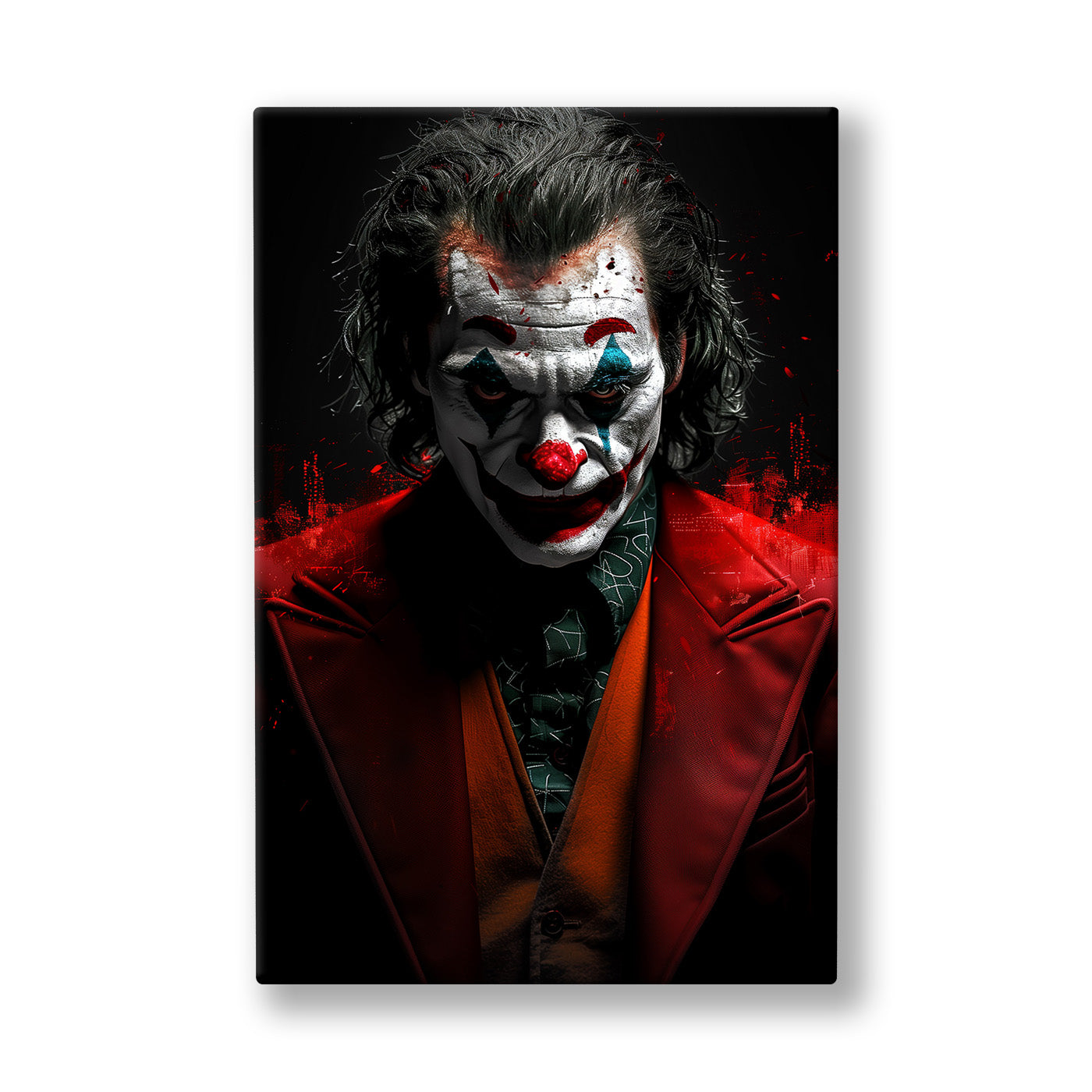 Kırmızı Ceketli Joker kanvas tablo — Simsiyah bir fonda kırmızı ceketiyle gülümseyen beyaz yüzlü palyaço.