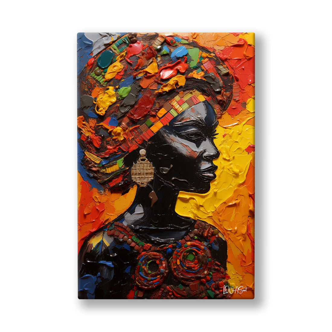 Kırmızı Desenli Afrikalı Kadın kanvas tablo — Sarı ve kırmızı boya patlamasının içinden doğan Afrikalı kadın portresi.