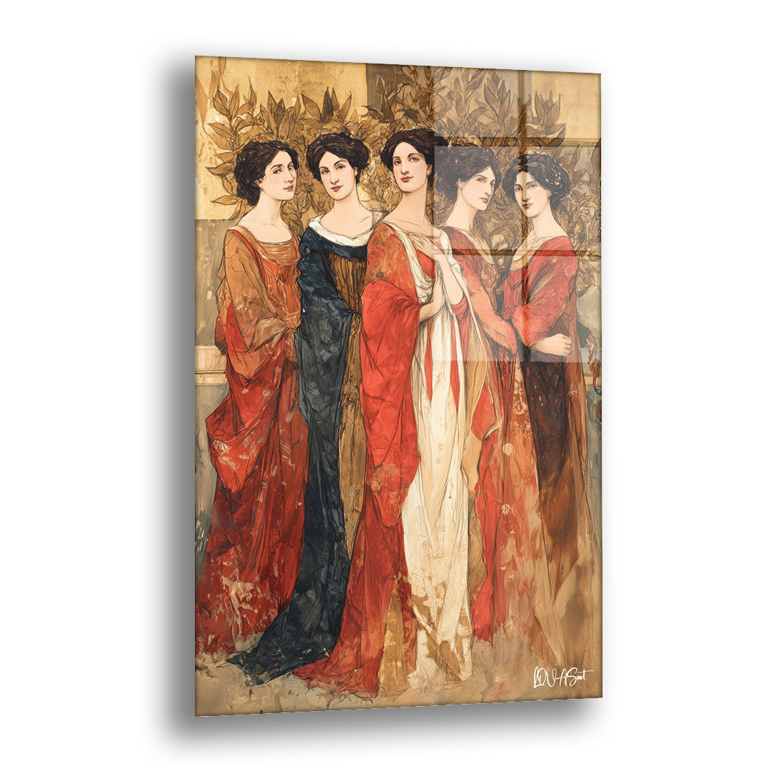 Kırmızı Elbiseli Kadınlar cam tablo — altın yaprak desenli bir zeminde yan yana duran beş kadını art nouveau zarafetiyle suna
