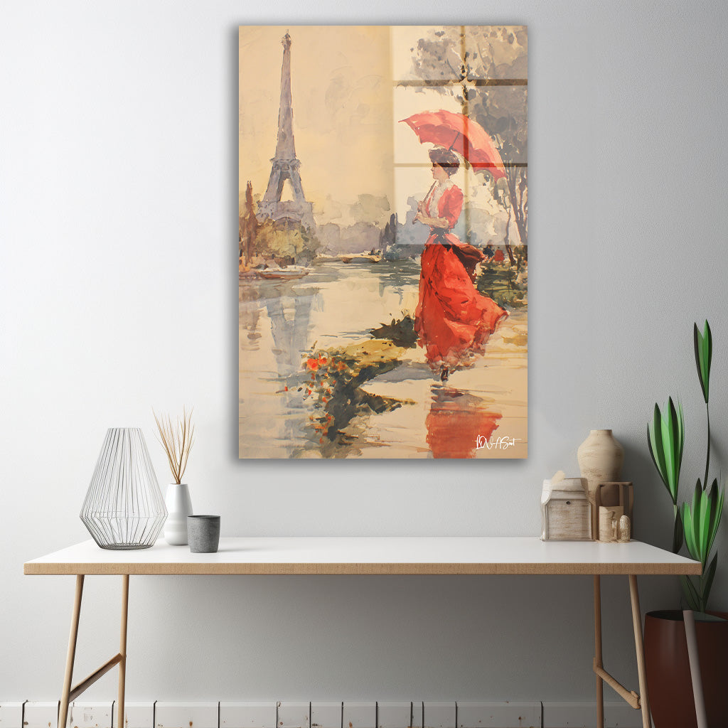 Kırmızı Elbiseli Paris cam tablo — iç mekân uygulama örneği