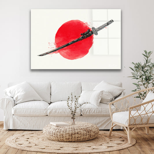 Kırmızı Güneş ve Katana cam tablo — duvarda dekorasyon görünümü