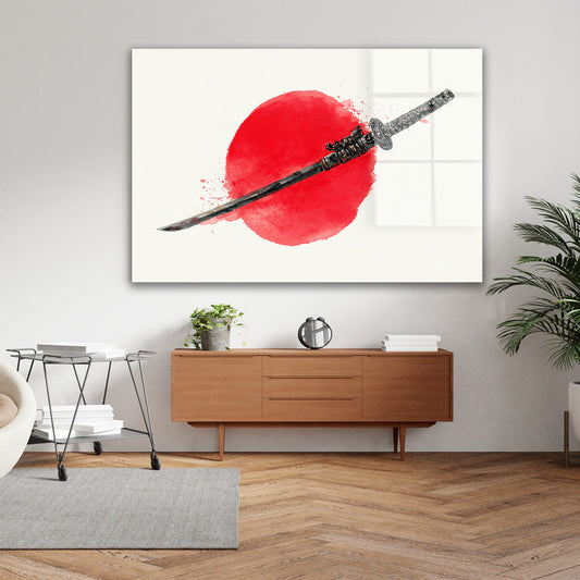 Kırmızı Güneş ve Katana cam tablo — farklı açıdan görünüm