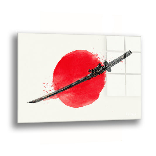 Kırmızı Güneş ve Katana cam tablo — Beyaz bir boşluğun ortasındaki kırmızı daireyi, tek bir katana çapraz olarak kesiyor.