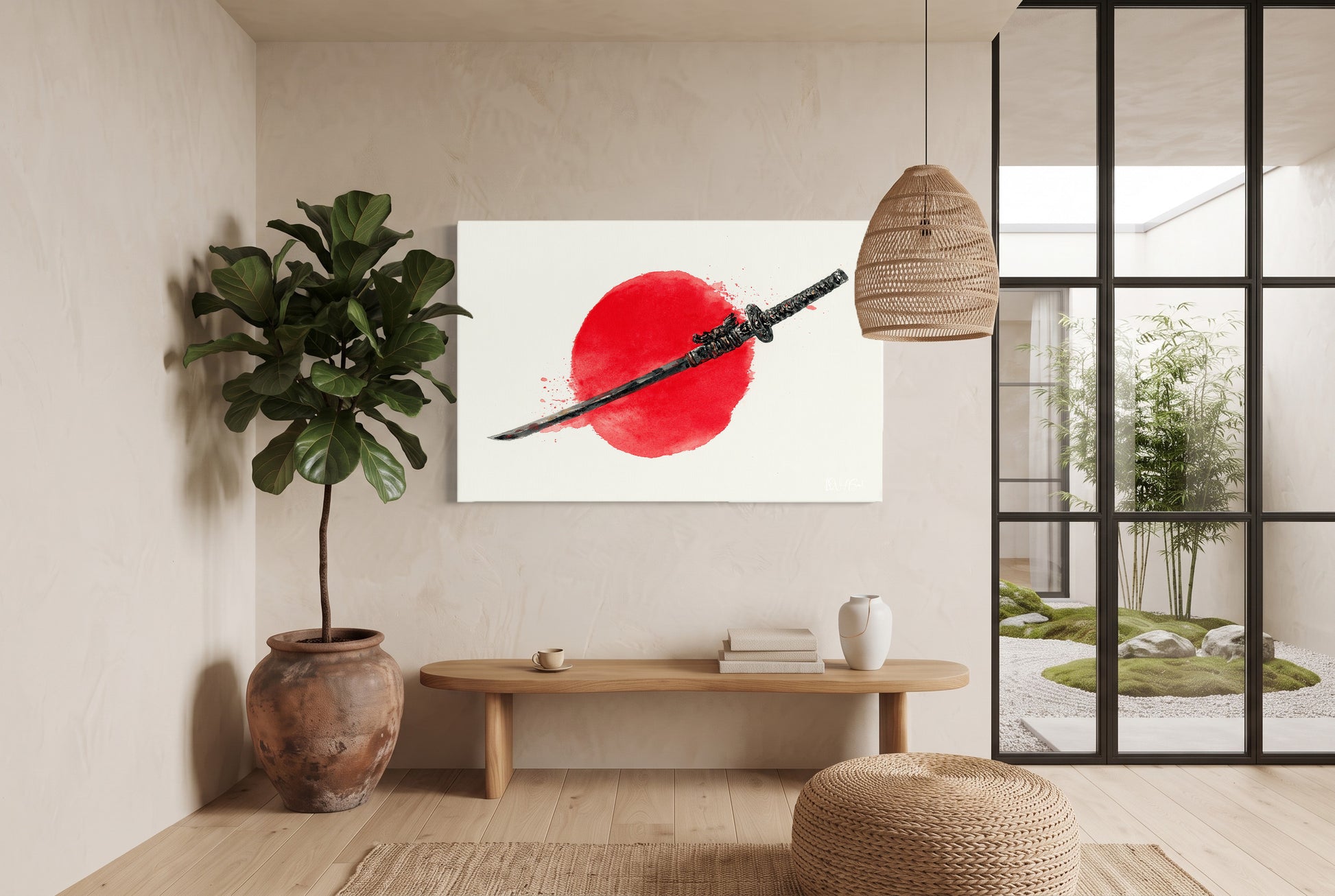 Kırmızı Güneş ve Katana kanvas tablo — duvarda dekorasyon görünümü