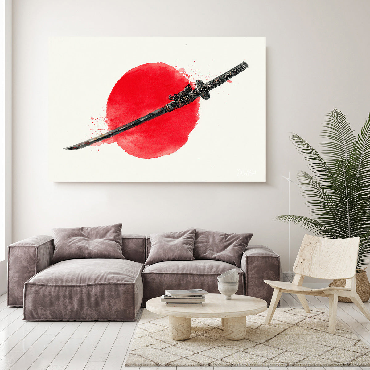 Kırmızı Güneş ve Katana kanvas tablo — iç mekân uygulama örneği