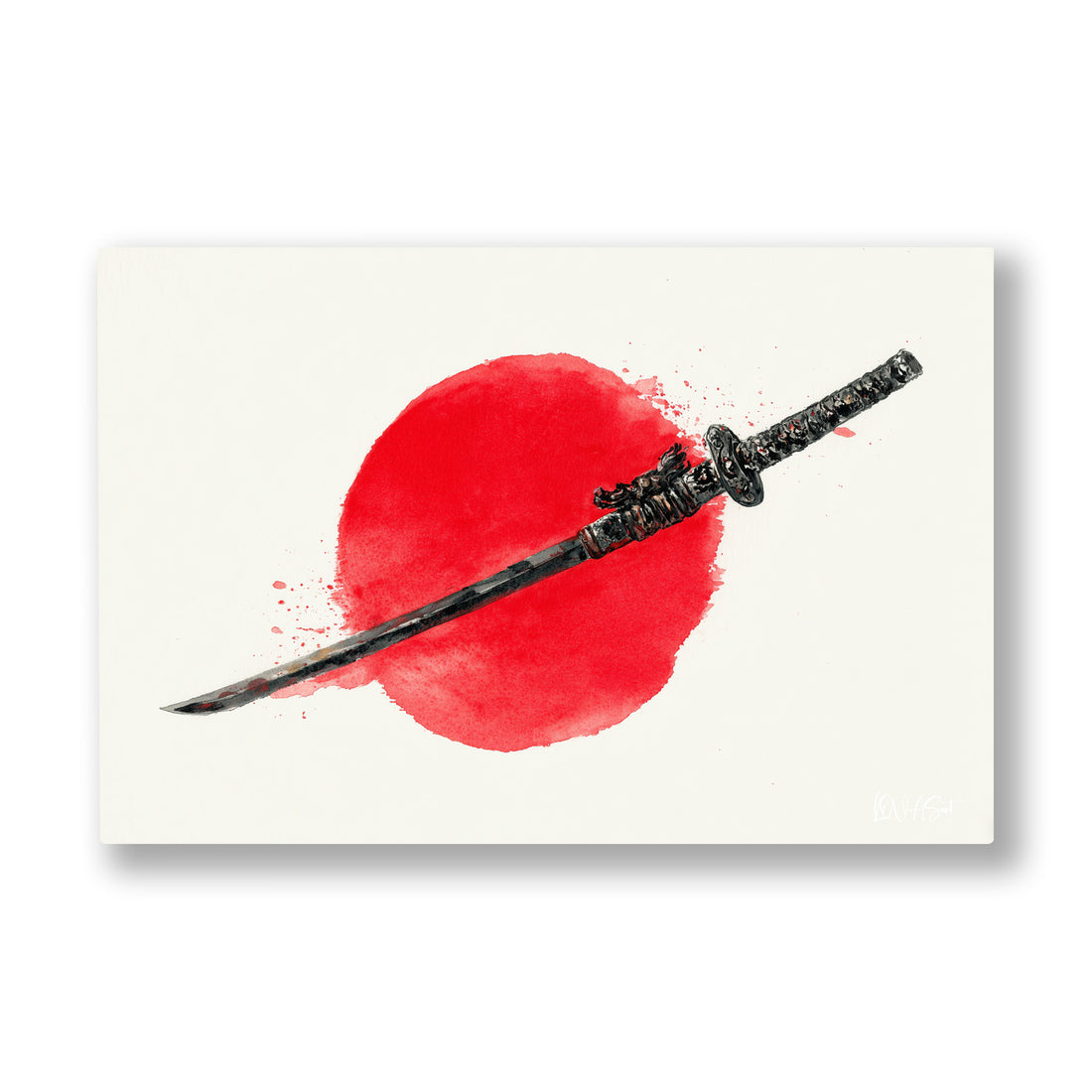 Kırmızı Güneş ve Katana kanvas tablo — Beyaz boşlukta duran kızıl güneşi ikiye bölen ince bir katana.