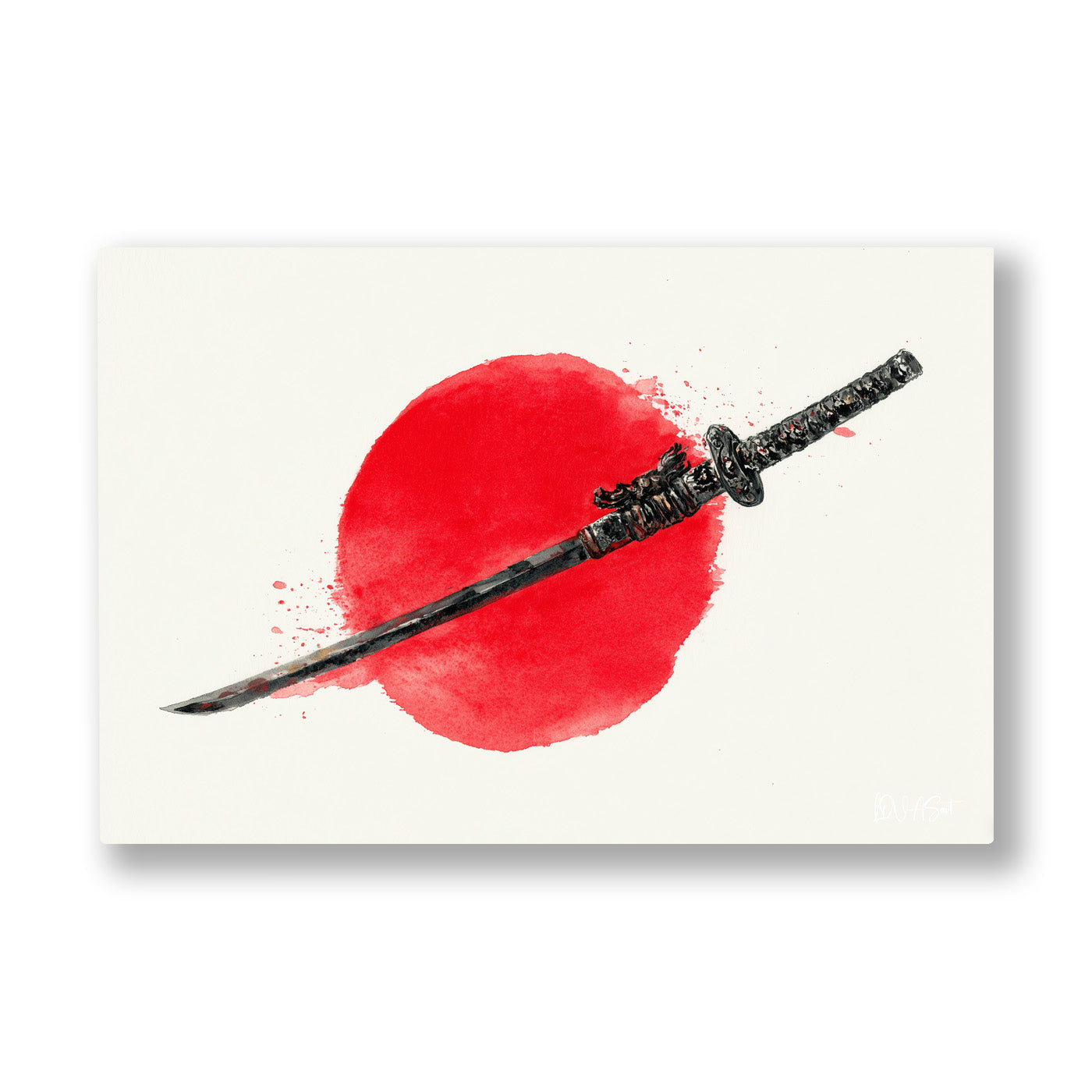 Kırmızı Güneş ve Katana kanvas tablo — Beyaz boşlukta duran kızıl güneşi ikiye bölen ince bir katana.