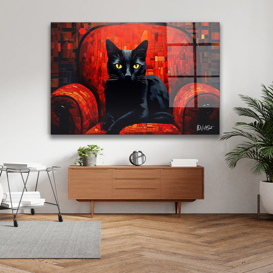 Kırmızı Koltukta Siyah Kedi cam tablo — iç mekân uygulama örneği